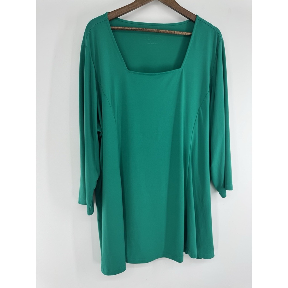 SUSAN GRAVER 3X Square Neck Liquid Knit 3/4‎ Sleeve Green Aqua blouse stretch